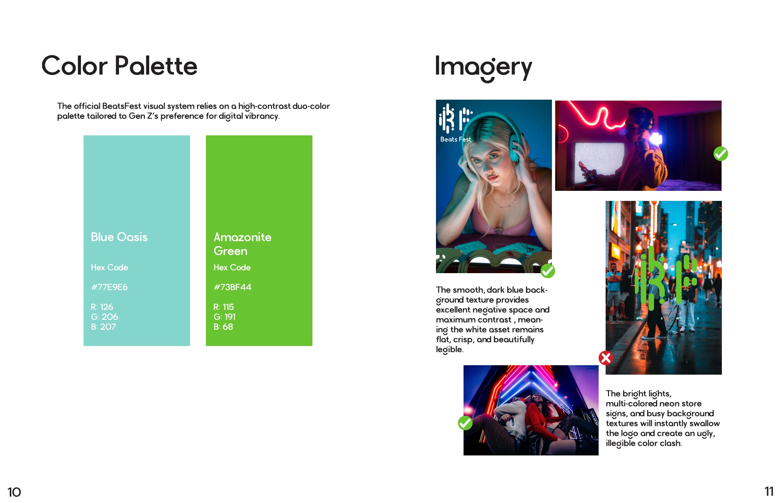 Beats Fest style guide spread showing the color palette and approved and rejected photography
