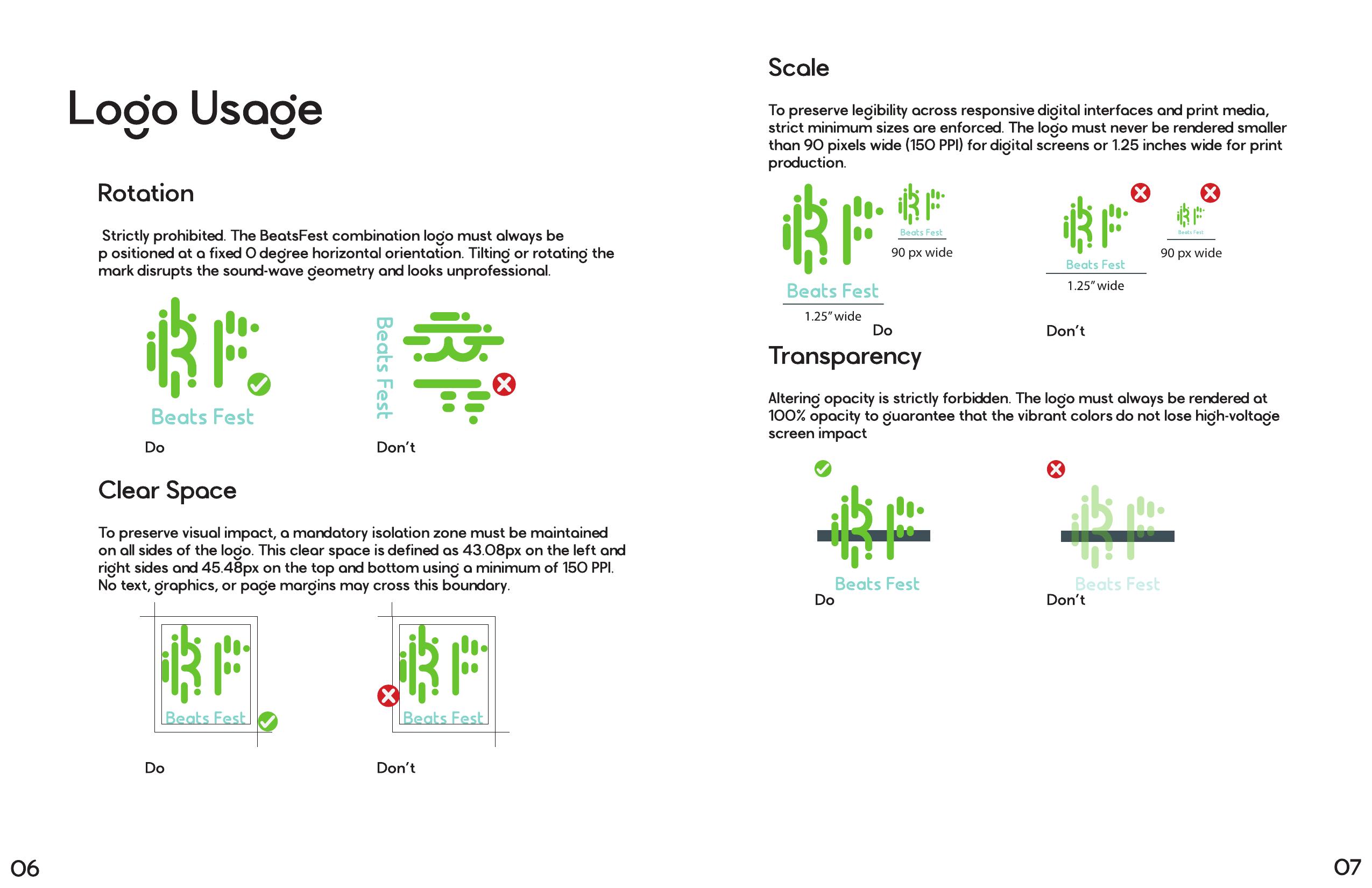 Beats Fest style guide spread showing rotation, clear space, minimum scale, and transparency rules