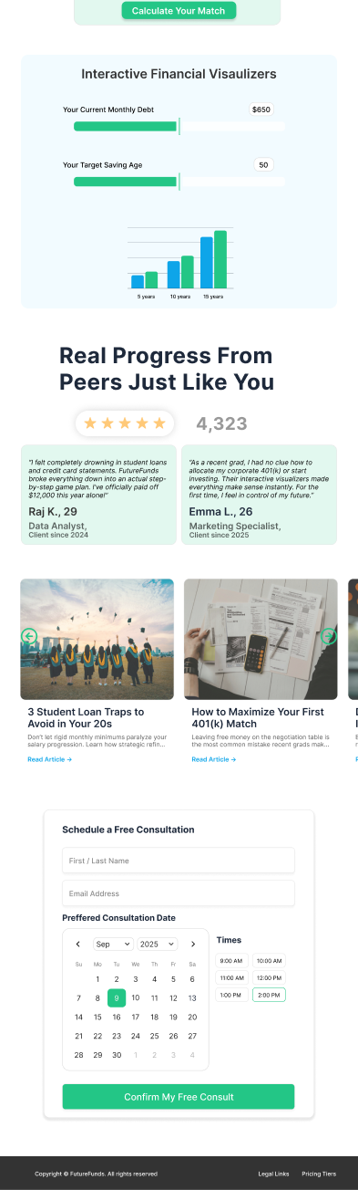 FutureFunds mobile — calculator, testimonials, and scheduler