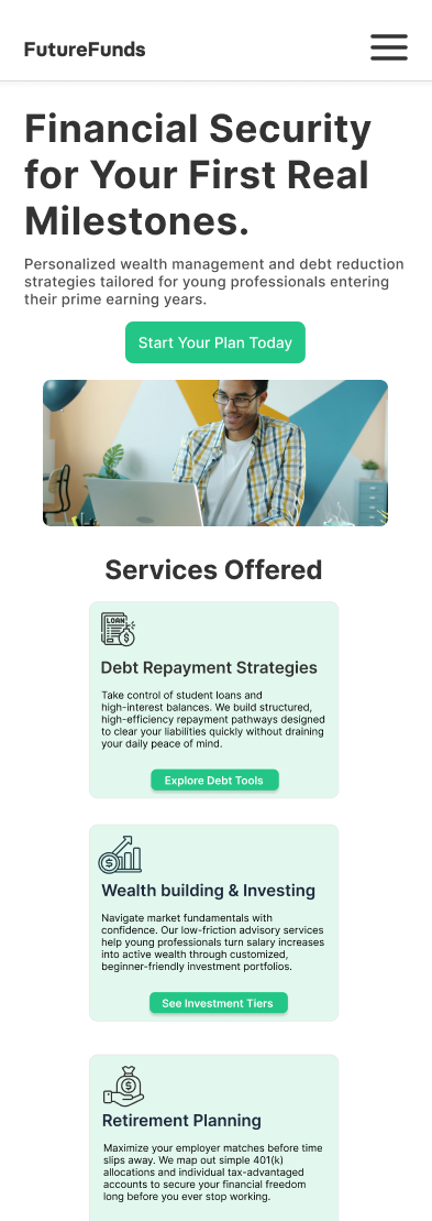 FutureFunds mobile — hero and services